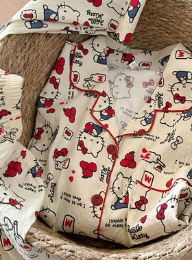 苹果Kitty2025夏季新款泡泡绵睡衣纯棉女短袖甜美可爱居家三件套