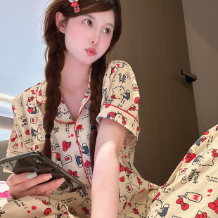 三件套甜美女士睡衣 夏季 天满印Kitty猫云朵棉家居服短袖 短裤 长裤