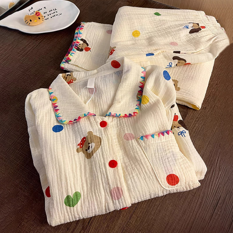 ins日系彩色波点小熊棉纱睡衣女春秋2026新款长袖长裤套装居家服