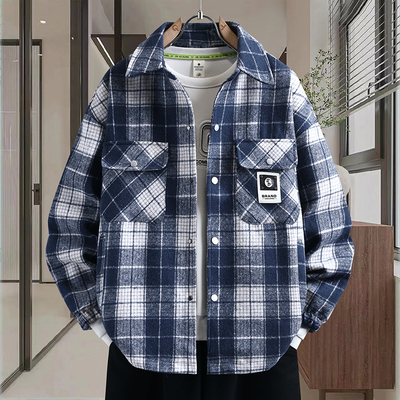 2026新款青少年格子衬衫外套夏季男士翻领夹克时尚百搭上衣