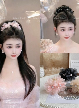 2025款轻奢气质高级感网纱花朵珠珠蝴蝶结碎发夹发饰7cm