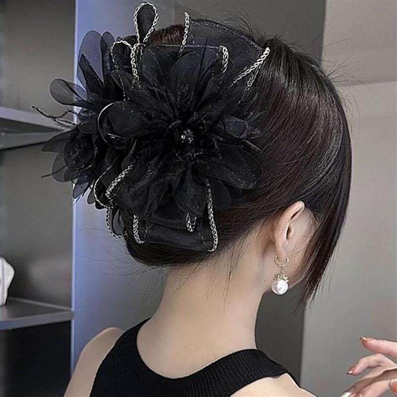 大花朵羽毛抓夹女夸张量发夹高级感鲨鱼夹大号发卡头花头发饰