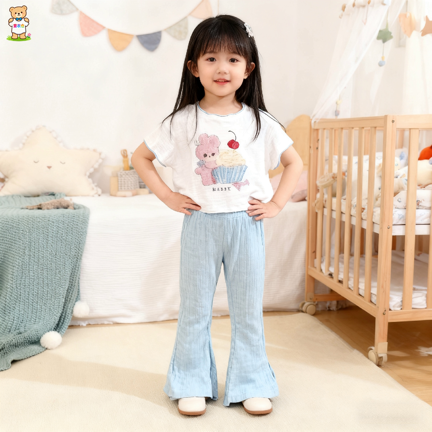女童2026夏季小兔蛋糕印花短袖t恤柔软泡芙棉喇叭裤女宝宝两件套
