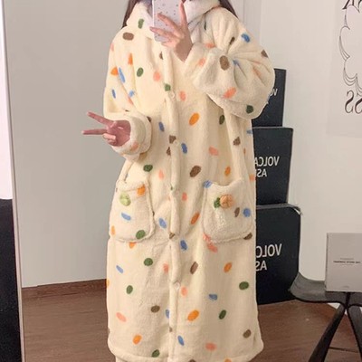 可爱美少女睡衣女秋冬季保暖珊瑚绒加厚波点睡袍套装女生家居服