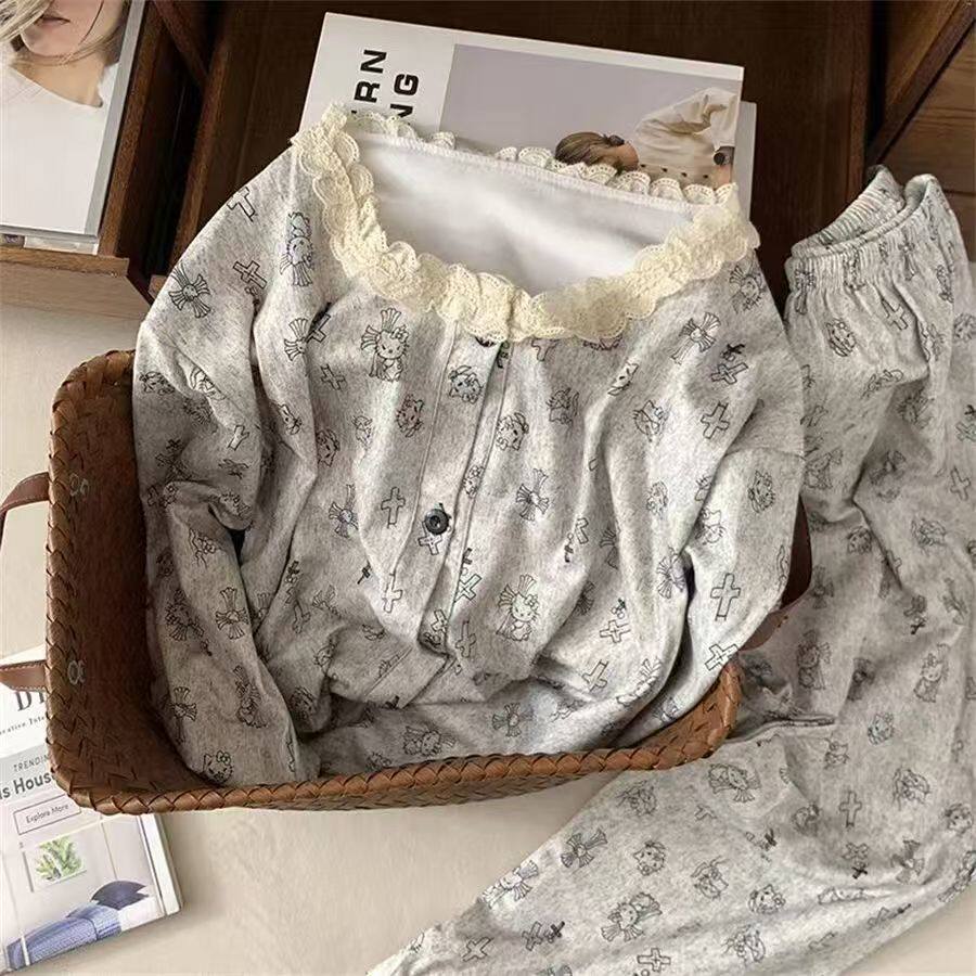 韩版蕾丝花边凯蒂猫少女睡衣秋冬季加厚德绒两件套女生休闲家居服