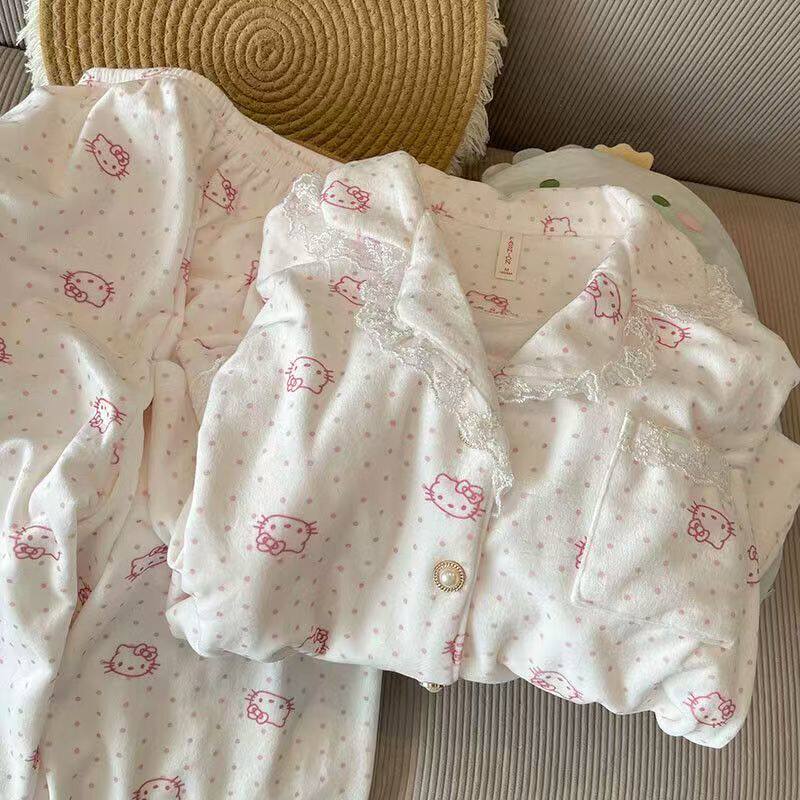 波点凯蒂猫女生睡衣秋冬季加厚德绒套装少女慵懒风可外穿家居服