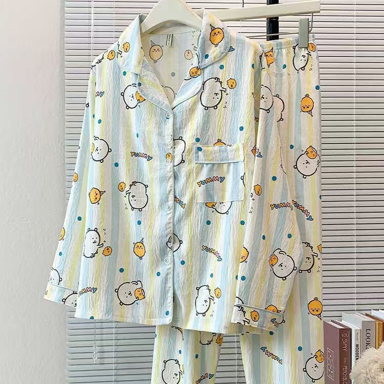 自嘲熊睡衣女春秋季新款条纹长袖长裤卡通美家居服高颜值套装