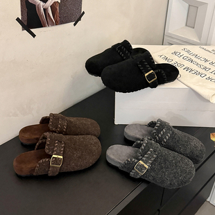 复古呢子包头半拖鞋女外穿2025秋冬季新款厚底灰色毛毛加绒勃肯鞋