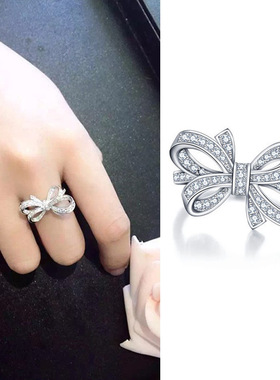 s925镀银日韩时尚个性镶钻蝴蝶结开口戒指女潮人气质镶钻夸张指环
