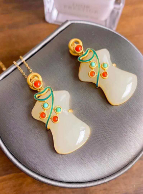 古法金仿和田玉吊坠旗开得胜旗袍女款镀黄金色银镶玉项链玉石挂件