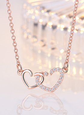 镀银时尚双心项链镶钻女士爱心形