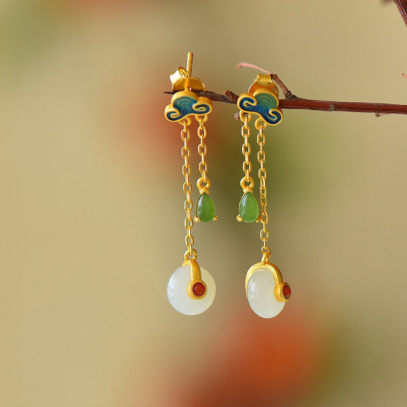 复古耳饰中国风嵌仿和田玉耳坠