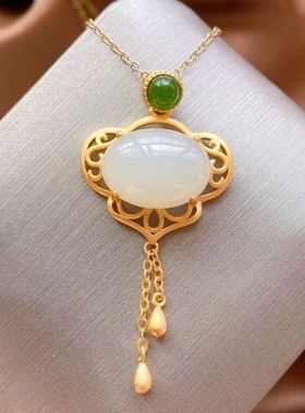 翡翠白玉祥云流苏项链古法金吉祥如意方牌