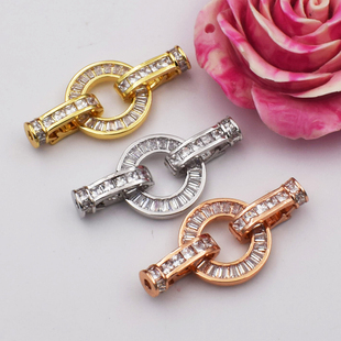 diy珍珠配件材料镀银扣子高档T方锆石手链扣项链扣微镶水钻搭扣