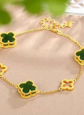 传承古法银手链四叶草碧玉吊坠