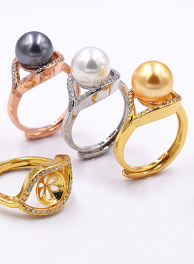 半银戒指空托 女款圆珠珍珠托 diy蜜蜡琥珀松石镶嵌 开口托8-10mm