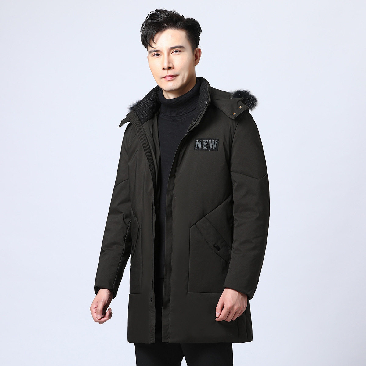 一线大牌撤柜剪标清仓男装冬季可脱卸连帽狐狸毛中长款羽绒服