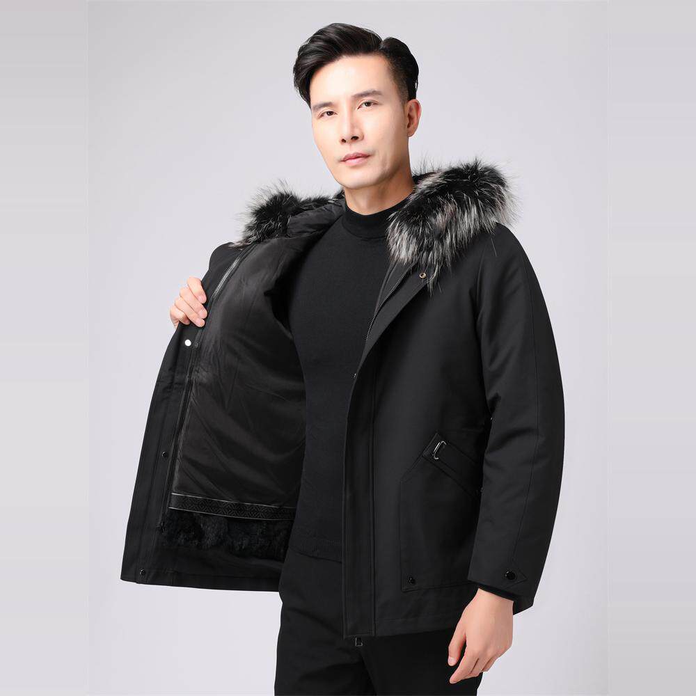 品牌撒柜男装冬季保暖加绒加厚可脱卸内胆两穿兔毛领连帽夹克外套
