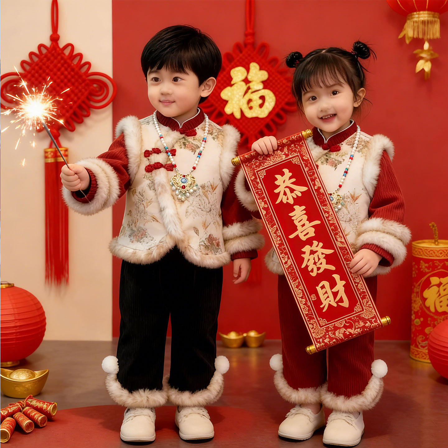 吉祥娃娃喜庆演出服装加厚儿童拜年服欢喜中国年舞蹈服福气要来到