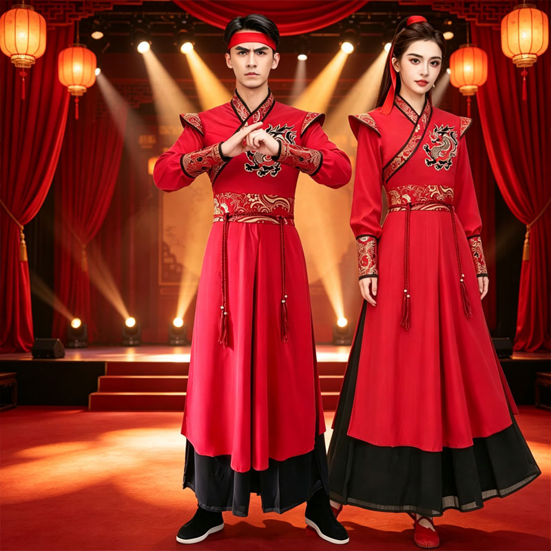 雪龙吟中式红色男女舞蹈演出服图片