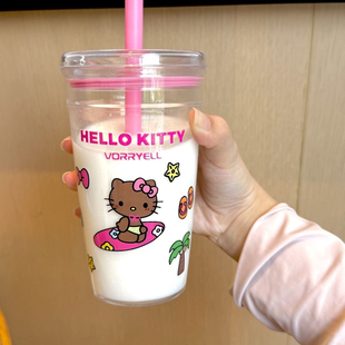 Kitty可爱卡通吸管透明塑料水杯学生家用咖啡杯通用 黑皮Hello
