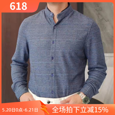 英伦格子真丝羊毛灰蓝男长袖衬衫