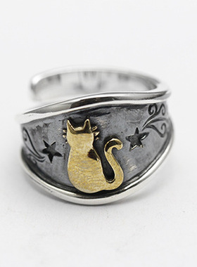 复古猫咪戒指男女款简约高级感猫星人食指戒时尚百搭冷淡风开口戒