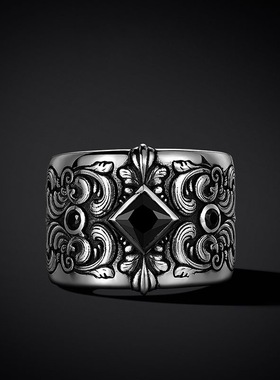 福美祥泰银黑色锆石戒指男士宽大指环潮牌百搭小众高级感大号霸气