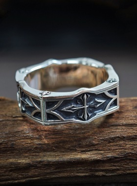 泰银复古做旧 “中世纪方形十字”戒指  男女个性款开口指环