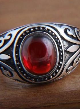 复古花纹戒指男潮个性嘻哈风石榴红食指戒时尚简约仿泰银开口指环