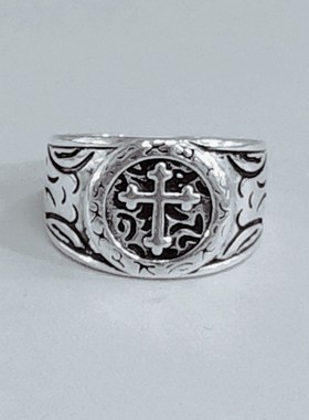 泰银火星文十字架戒指男款时尚个性做旧复古宽开口戒指饰品