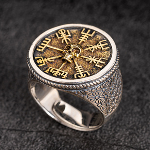 复古个性浮夸宽大北欧维京指南针骷髅指环单身男食指泰银戒指