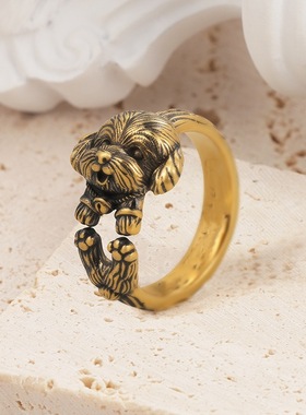 原创泰银潮牌黑金戒指男女指环财神泰迪狗复古个性百搭戒指