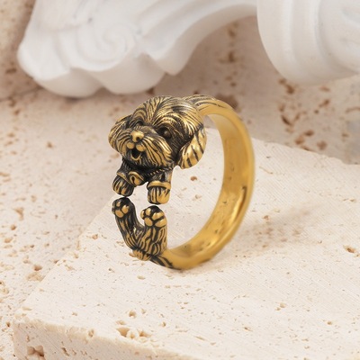 原创泰银潮牌黑金戒指男女指环财神泰迪狗复古个性百搭戒指