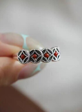 泰银南红戒指复古做旧个性百搭钱币女士开口简约高级感指环