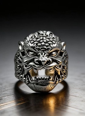 原创设计民族风唐狮男款泰银食指戒指个性潮男复古开口扳指