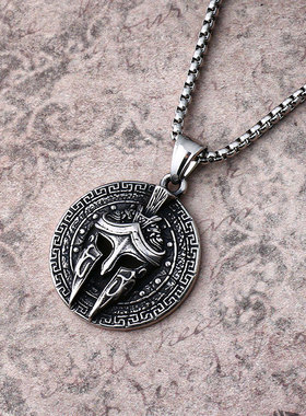 复古潮男项链战士王之面具吊坠斯巴达勇士头盔泰银毛衣链挂件