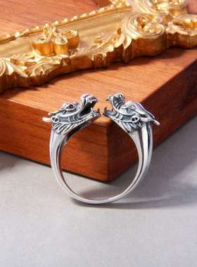 泰银双头龙戒指男士复古做旧个性百搭立体龙头开口可调节指环