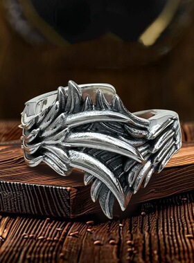s925银翅膀戒指纯银男士中古重工天使之翼个性复古食指轻奢高级感