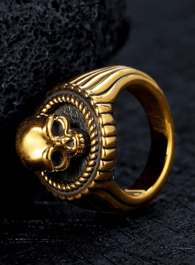 原创泰银潮牌黑金戒指男女指环骷髅头复古个性百搭开口戒指