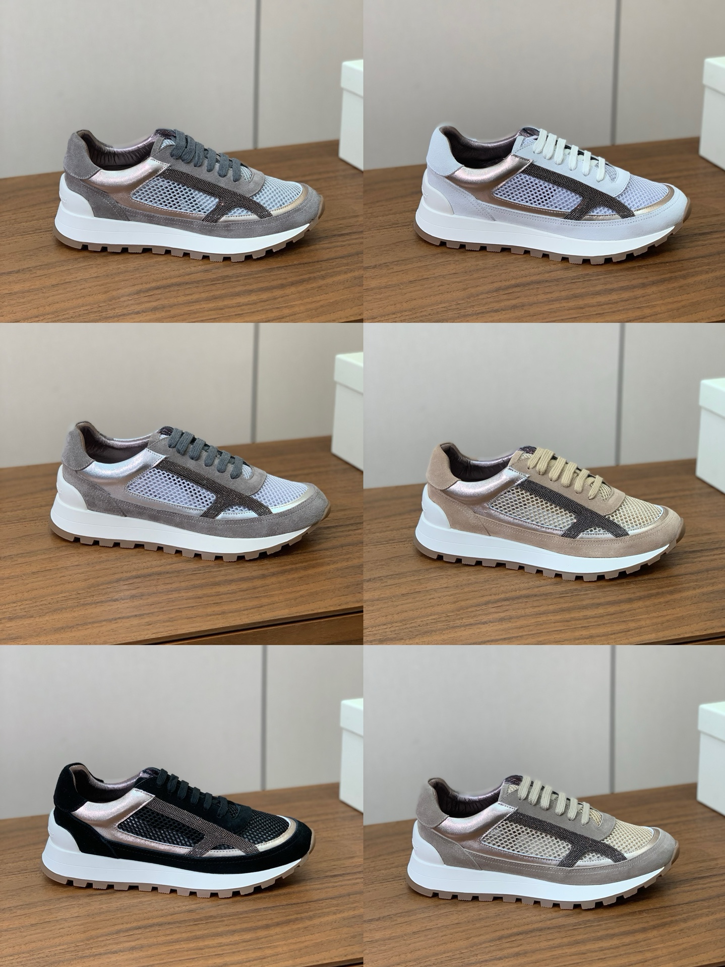 新款BC高丝光反绒牛皮重工珠链装饰厚底运动鞋增高老爹鞋网女鞋