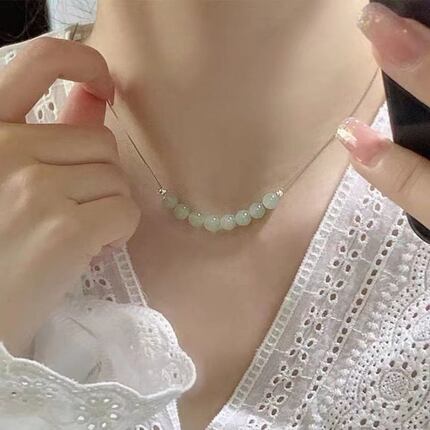 微笑遮疤痕甲状腺术后遮瑕疵锁骨链女款银色玉石项链自由调节宫廷