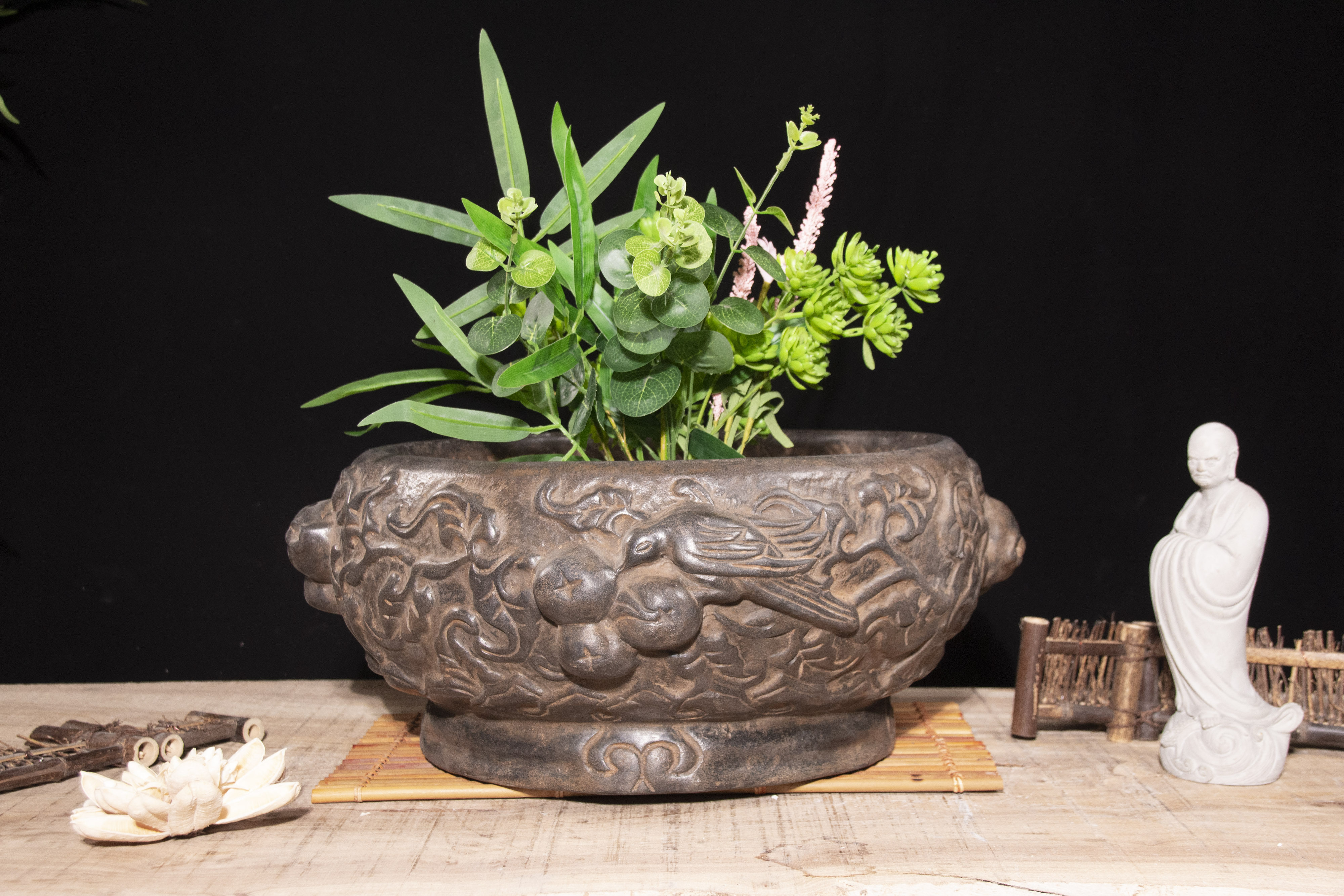 中国风仿古青石禅意桌面花盆水仙盆石头怀旧做旧水培器皿水培花盆