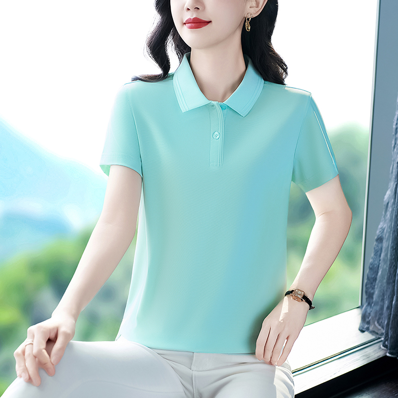 2025新款冰丝翻领短袖t恤女纯色休闲运动POLO衫上衣透气速干夏季