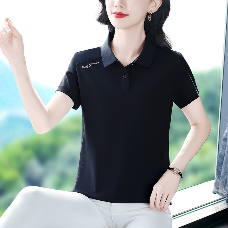 黑色冰丝翻领短袖T恤女纯色简约百搭有领POLO衫上衣薄款透气夏季