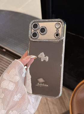 蝴蝶结水钻小马适用iPhone17手机壳苹果16promax新款15补妆镜面14全包防摔ip13超火外壳12pm高级感女款带挂绳