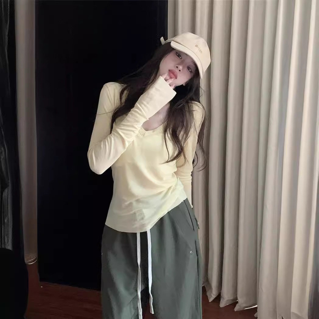 慵懒风微透薄款罩衫休闲V领长袖T恤女夏小众宽松显瘦外穿上衣