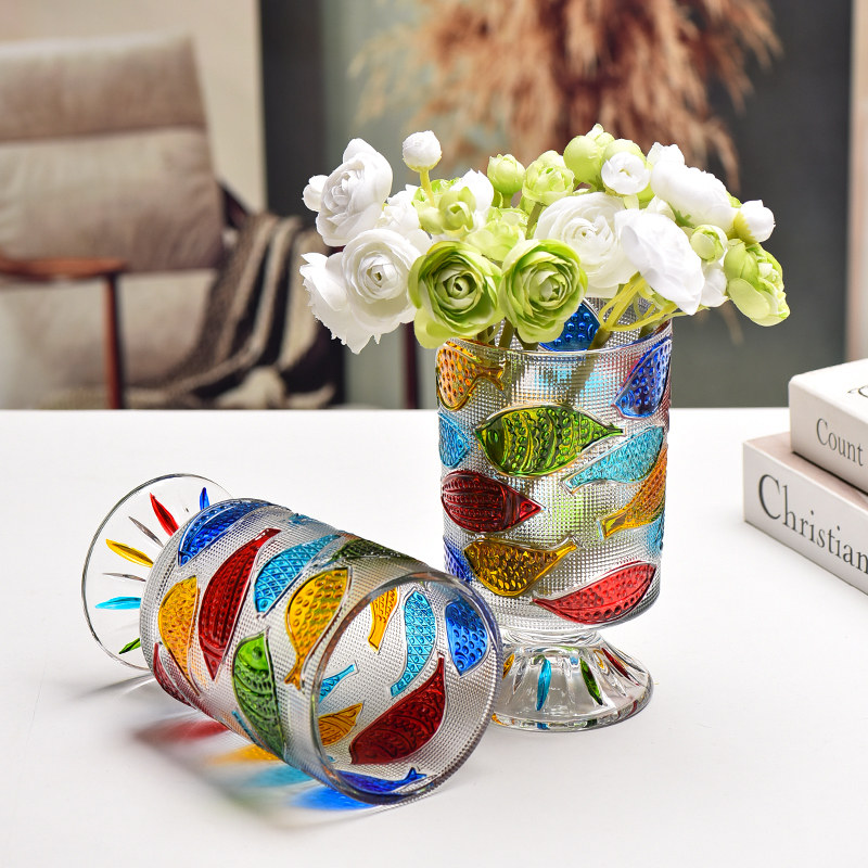 法兰晶浮雕彩绘鱼玻璃花瓶家用客厅鲜花水培插花小花瓶家居摆件