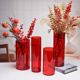 法兰晶喜庆红色直筒玻璃花瓶家居富贵竹水培鲜花插花瓶装 饰摆件