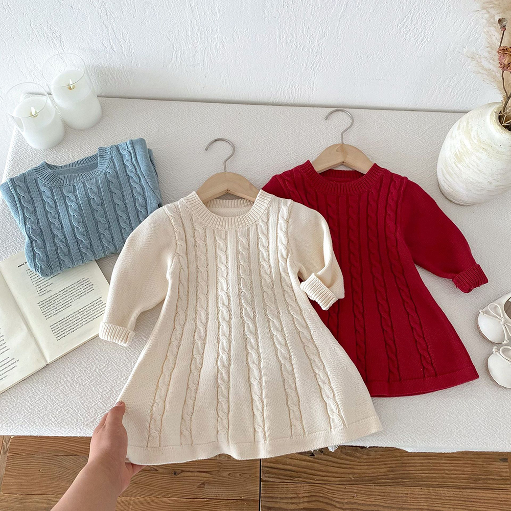 女童连衣裙2025新款秋冬季针织长袖公主裙洋气纯棉线女宝宝毛衣裙